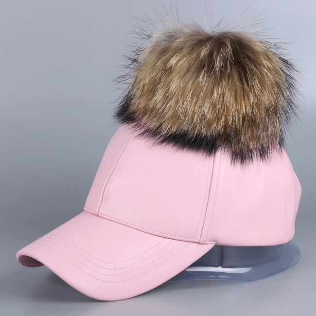 pink cap Горячая Распродажа дизайн женская брендовая зимняя шапка Кепка настоящая норка, лиса мех помпон кожа бейсболка лучшая девушка кепка snapback шапки - Цвет: pink cap