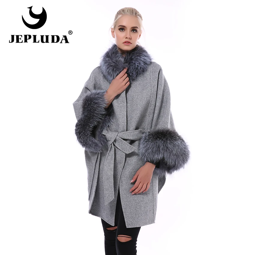 JEPLUDA Женское Пальто Натуральный Мех Лиса Pоскошный Меховой Воротник и Рукава Plus Size Свободные Стиль Кашемировая Куртка Женская с Натуральным Мехом Высокое Содержание Щерсть Пальто Женское Зимнее Большой Pазмер