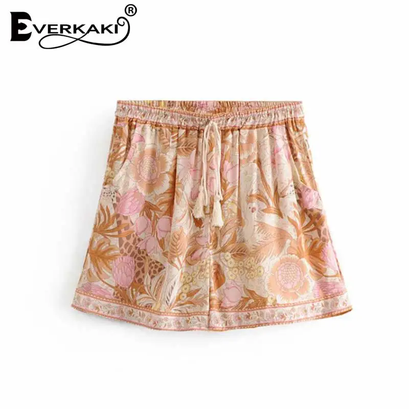 Pink Everkaki богемные шорты с цветочным принтом тигра женские эластичные регулируемые шорты с кисточками и поясом шорты в стиле бохо женские лето осень - Цвет: Pink