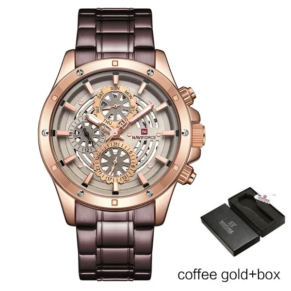 Coffee Gold Box NAVIFORCE, люксовый бренд, кварцевые часы для мужчин, нержавеющая сталь, скелет, спортивные часы для мужчин, s, модные, водонепроницаемые часы, Relogio Masculino - Цвет: Coffee Gold Box
