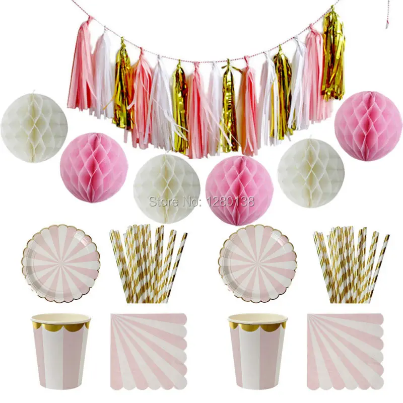 

Pink and Gold Foil Striped Paper Plates Cups Party Napkins Straws,Baby Shower Decor Tissue Paper Tassel Garland Honeycomb Balls