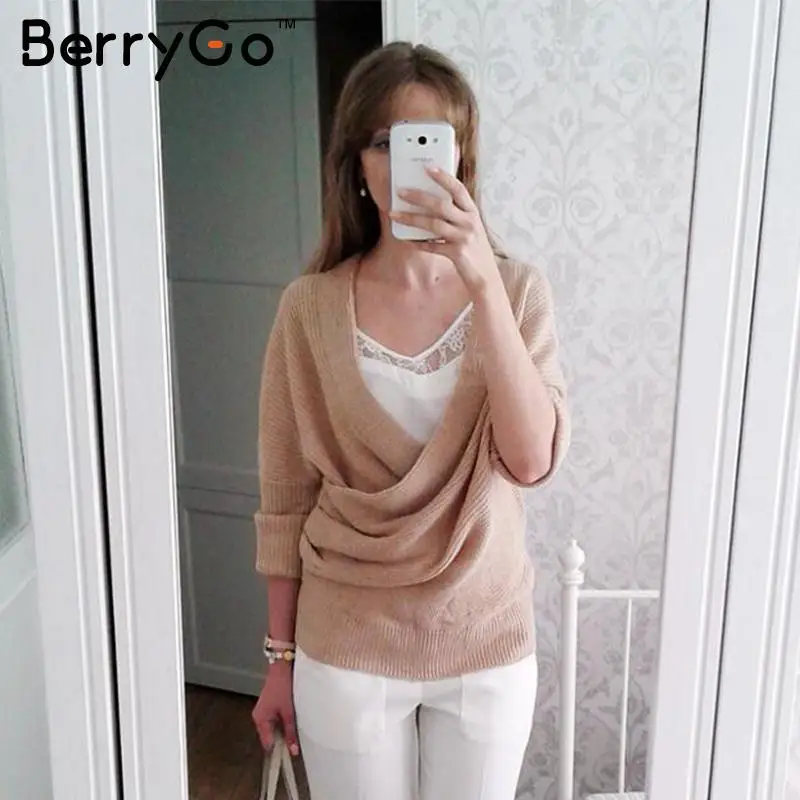 Женский вязаный свитер с v-образным вырезом BerryGo элегантный Свободный Длинный