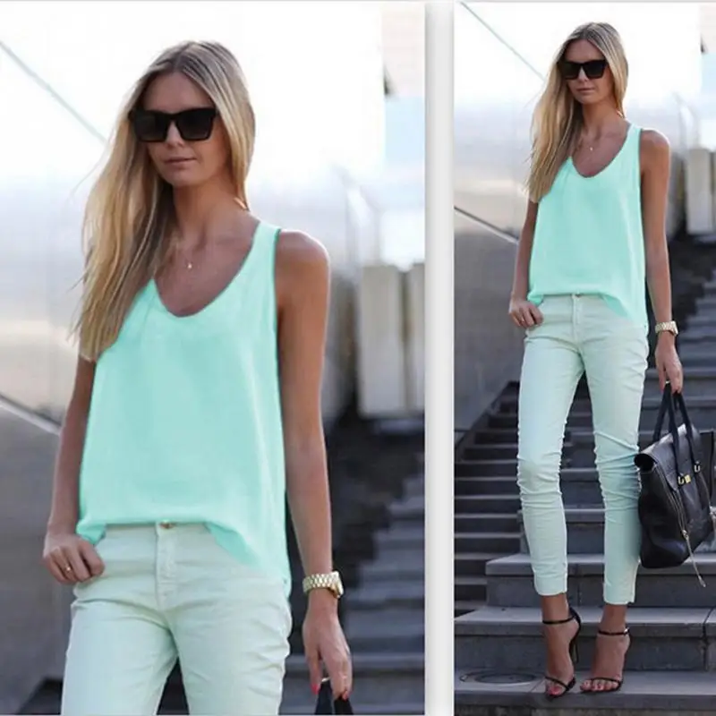 Летняя женская рубашка шифоновые топы без рукавов блузки одежда Элегантные