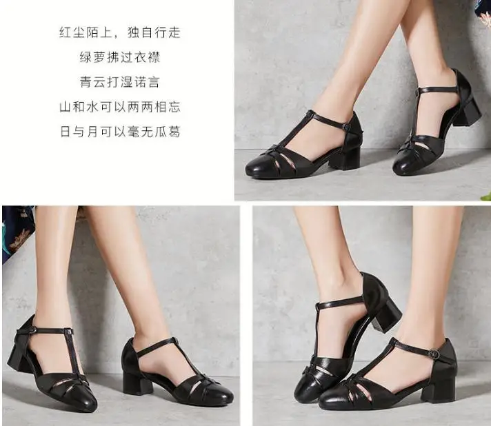 spring and summer new cow leather High heels buckle Crude heel round head retro sandals Female mid heel women's shoes