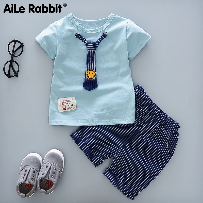 

AiLe Rabbit The new summer 2019 han edition leisure small boy tie short-sleeved dress fashion a piece undertakes