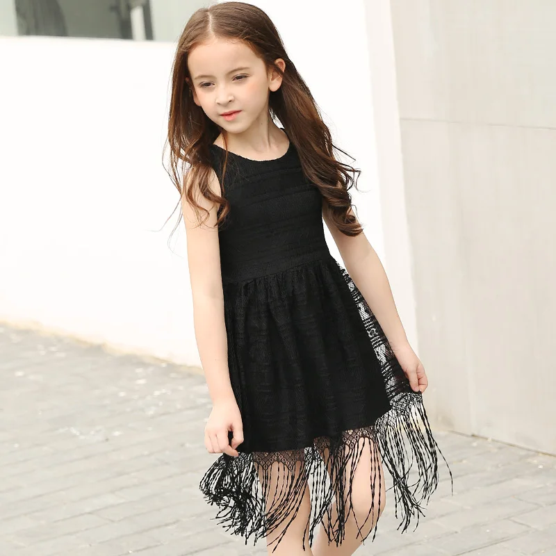 2018 Summer Girl Black Tassel Dress Kids Vest Children Girls Sleeveless Fringe Clothing For 5 8 11 16 Year Old | Детская одежда и