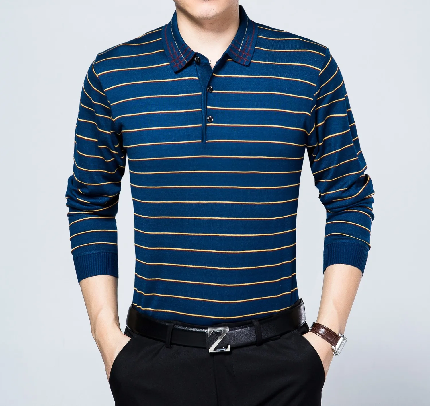 

Hot 2019 new fashion men's clothing brand stripes solid color long-sleeved Slim shirt men's cotton leisure sweater XXL