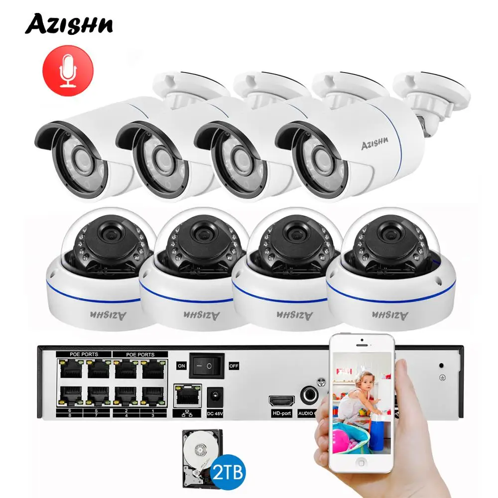 Комплект видеорегистратора AZISHNH.265 купольная IP камера безопасности 8 каналов 3 Мп