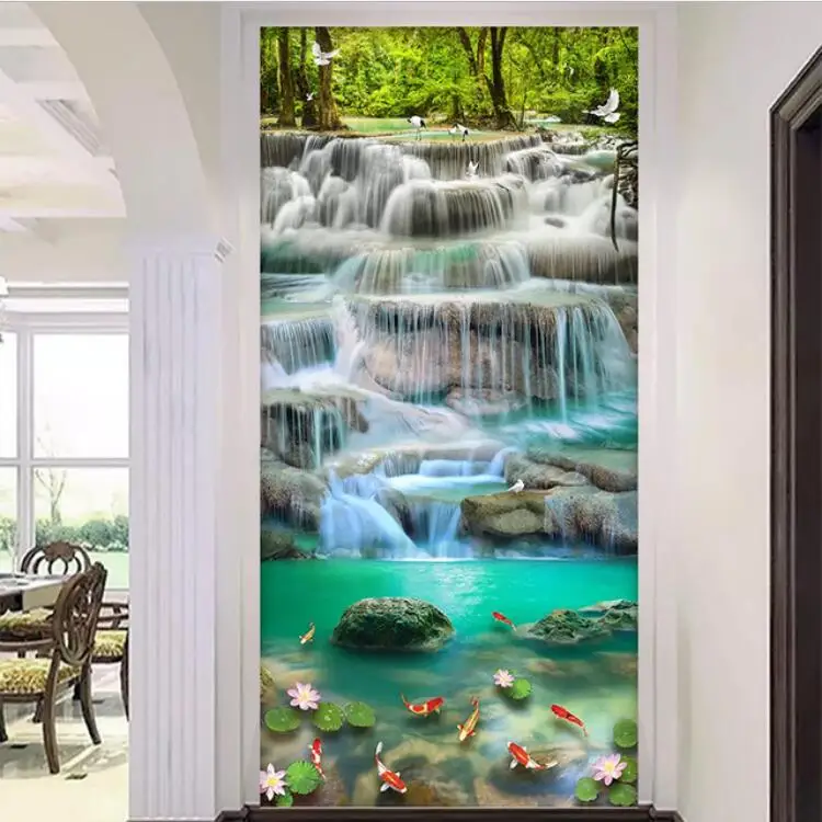 

Flowing Water Waterfall Lotus Fish Entrance 3D Mural Wallpaper Living Room Bedroom Hallway Children Room Photo Wall Paper Roll