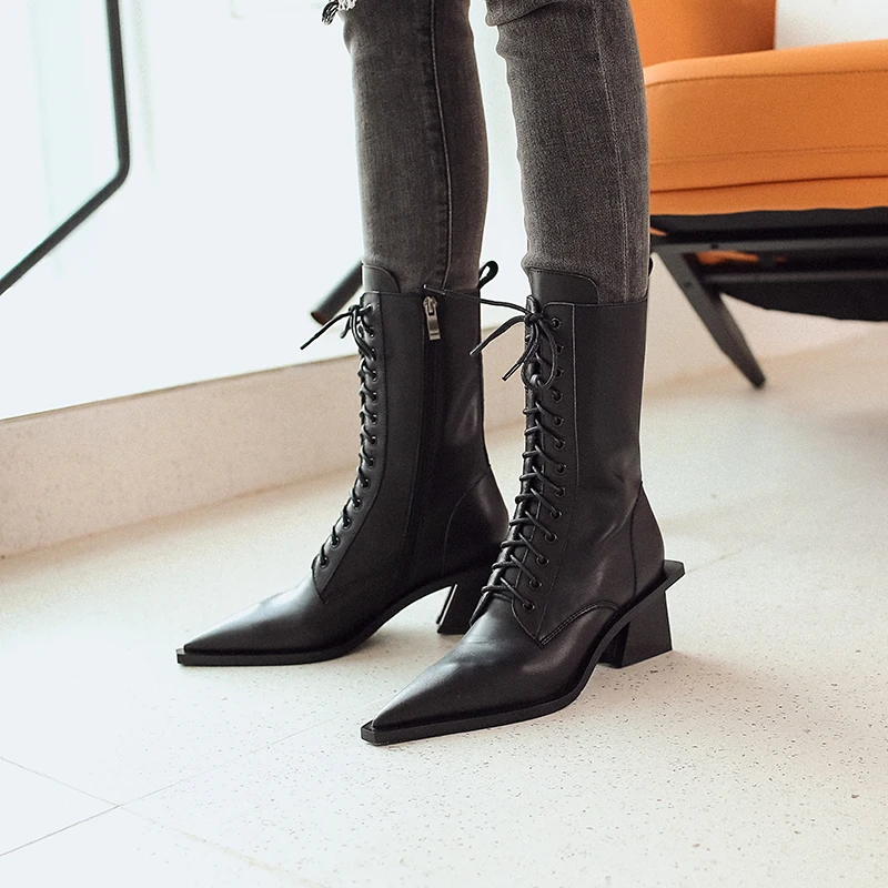 

ISNOM Mid-Calf Boots Women Lace Up Motorcycle Boot Pointed Toe Shoes Female Cow Leather High Heels Shoes Ladies Autumn 2019 New