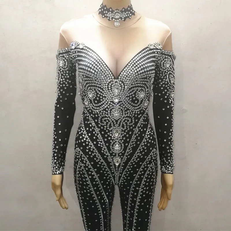 Black Rhinestones Jumpsuit Sexy Leotard Glass Crystals Rompers Women Nightclub Bar Party Birthday Party Singer Dance Costume