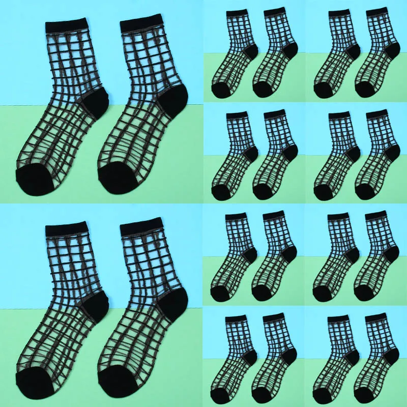 10pairs-BK-plaid 10 пар в партии женские носки летние женские короткие сетчатые Носки Прозрачные эластичные винтажные кружевные носки черные белые женские носки - Цвет: 10pairs-BK-plaid