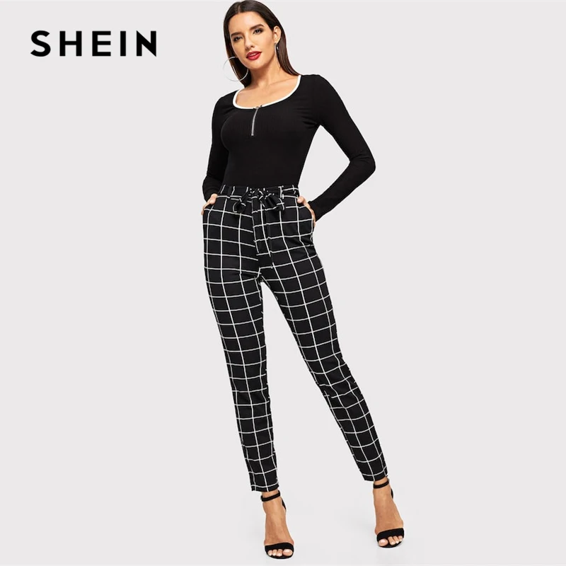 SHEIN Приталенные Брюки С Поясом В Клетку Женские Черные Классические Осенние Брюки