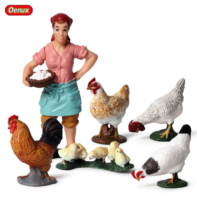 6pcs Oenux Милая семейная модель фермы фигурки фермер корова курица лошадь свинья птица статуэтки животных миниатюрные Развивающие игрушки для детей - Цвет: 6pcs