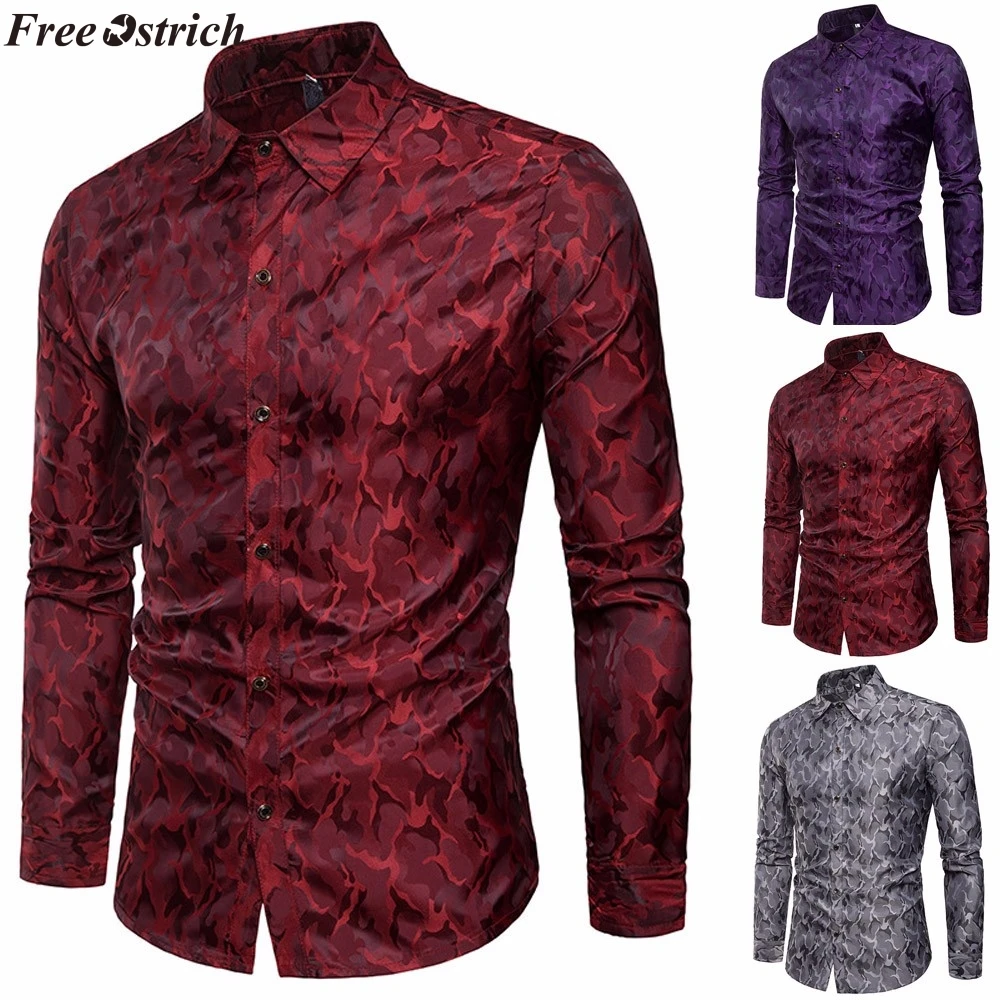 FREE OSTRICH Men's Shirt 2019 Camouflage Design Silk Cloth Luxury Official Dark Business Plaid Slim Long Sleeve Top | Мужская одежда