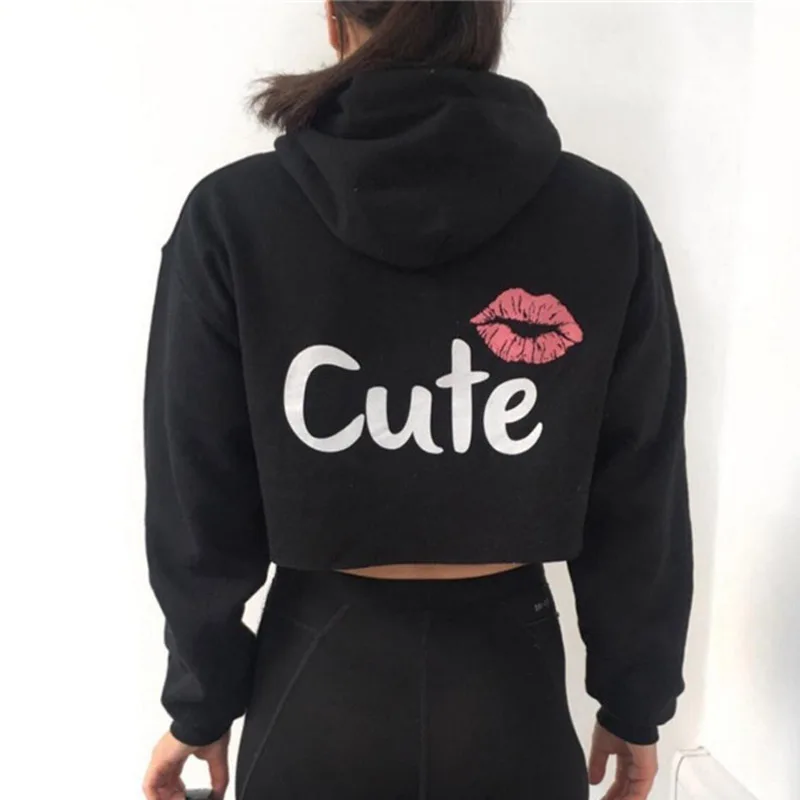 Осенняя Новинка женские толстовки с капюшоном и принтом губ открытым пупком
