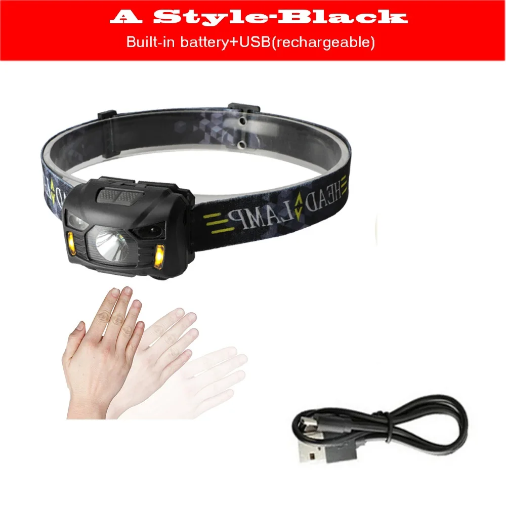 A Style(Black) ANYIGE светодио дный средства ухода за кожей движения сенсор фары мини фар Открытый Отдых фонарик велосипед налобный фонарь красный флэш лампа Охота - Испускаемый цвет: A Style(Black)