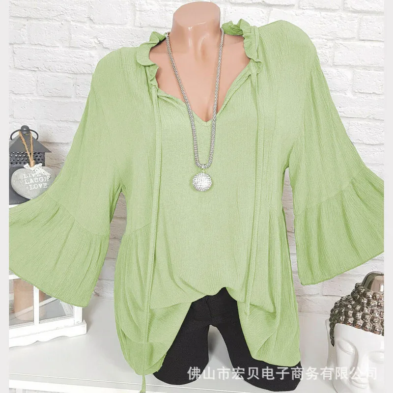 Large size women's shirt 2019 autumn Blouse solid color lotus leaf collar seven-point sleeve black 4XL 5XL |