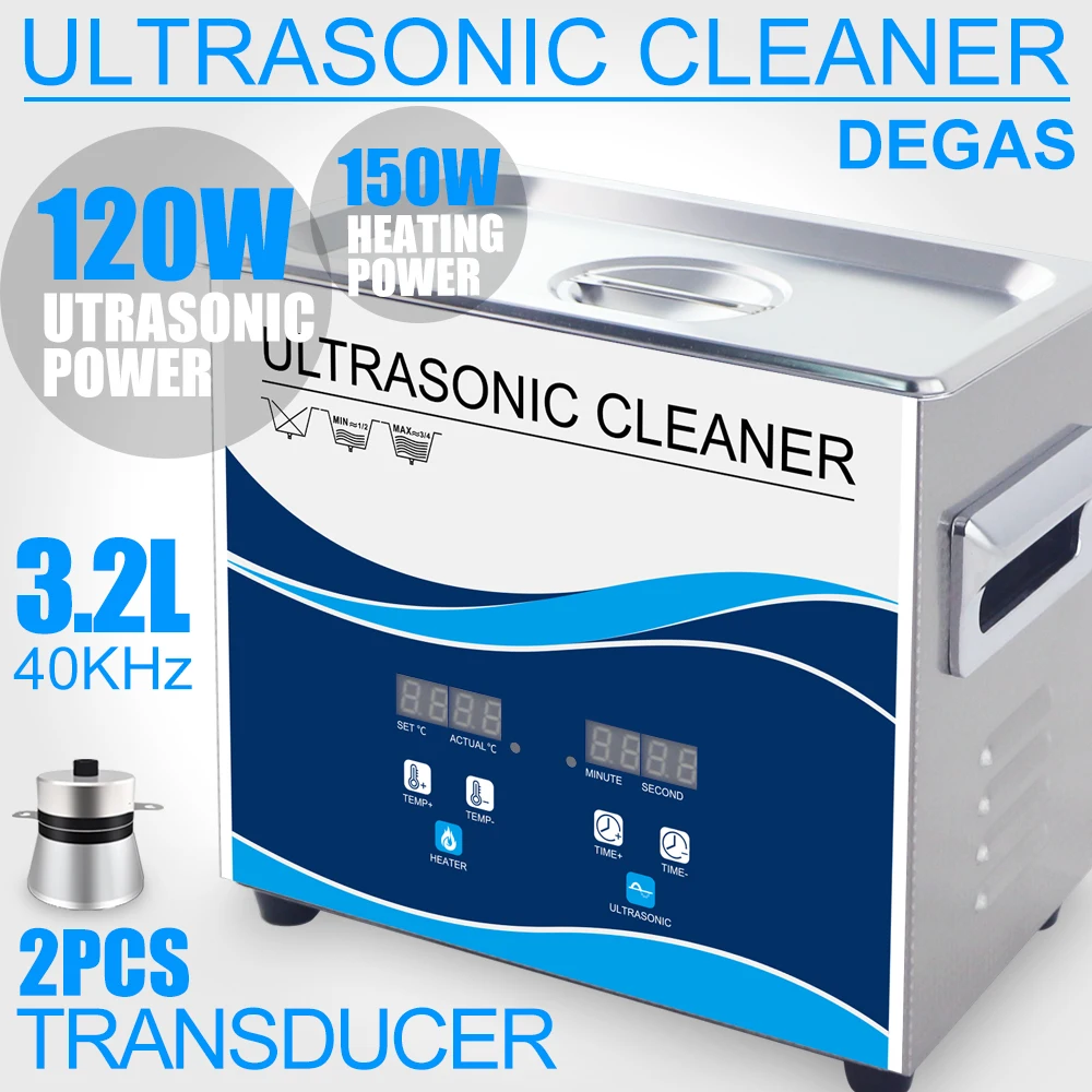 Ultrasonic Cleaner 3.2L 120W Power Adjustment Degas Timer Heater Home Use Ultrasound Washer Jewelry glasses Bullets Dental Tools