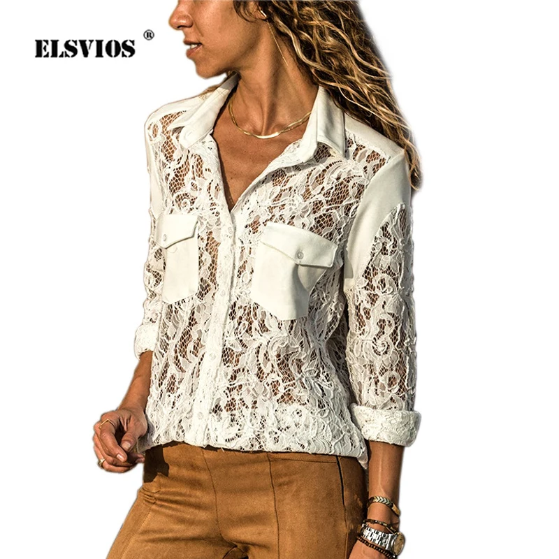 ELSVIOS 2XL Hollow Out Floral Lace Blouse Women Shirt Casual Lapel Elegant Ladies Office Top Sexy Slim Long Sleeve Summer Blusas |