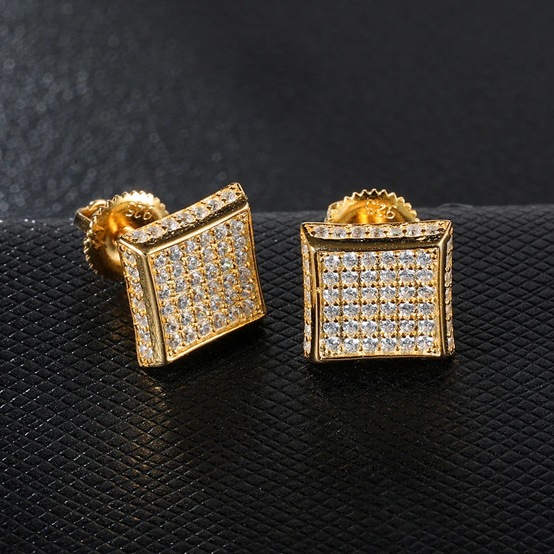 Хип-хоп CZ Циркон квадратный Bling Iced Out микро полностью проложенный горный хрусталь Золотая Сережка-гвоздик Медные мужские серьги ювелирные изделия