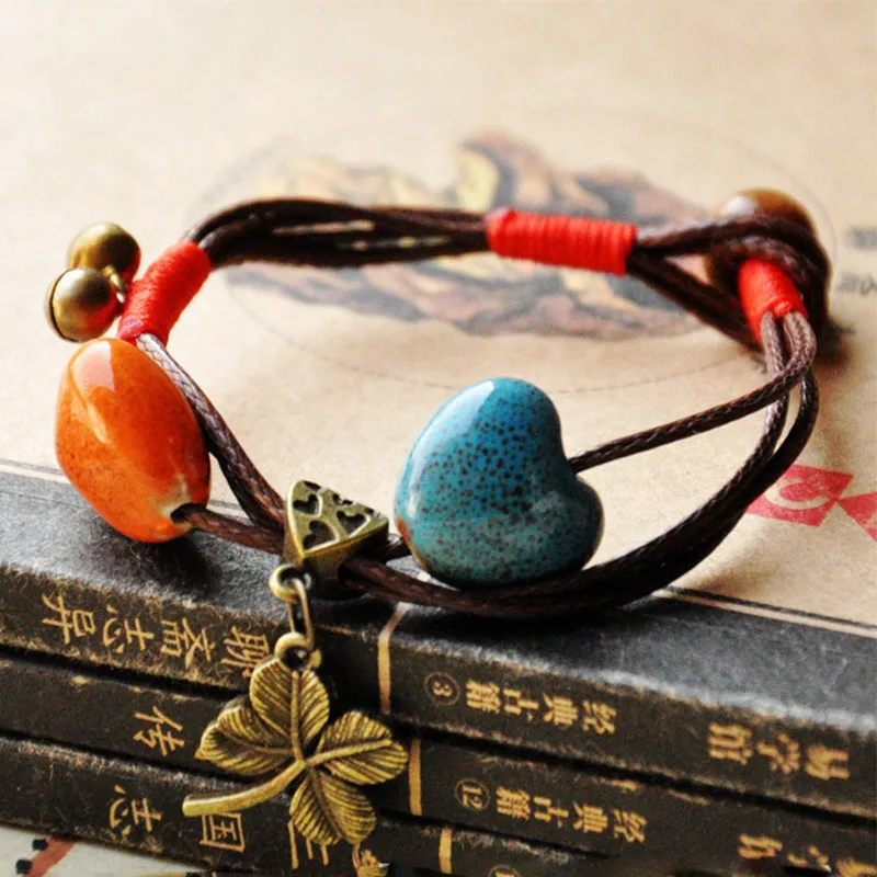 Женский многослойный браслет винтажный из керамики с бусинами в форме сердца и