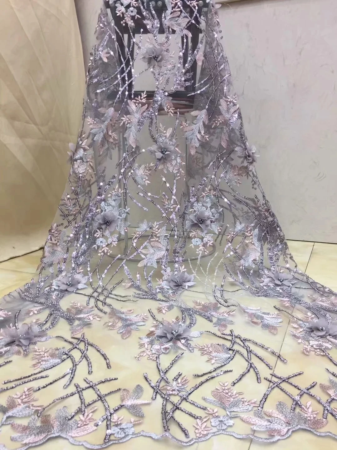 3D кружевная ткань французская аппликация кружева ткани высокого качества Тюль африканская чистая кружевная ткань с блестками DPW-664
