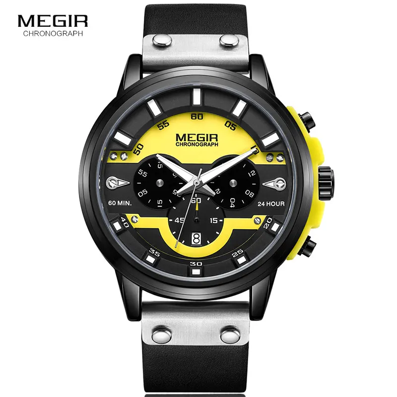 

Megir 2019 New Watches Men's Luxury Brand Chronograph Sports Wristwatch Waterproof Leather Quartz Watch Relogios 2080 Yellow