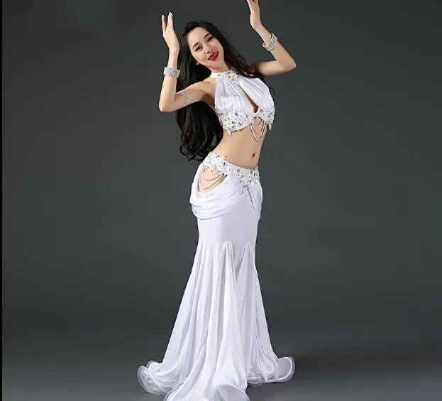 White 2 шт.(бюстгальтер юбка) женский роскошный костюм рыбий хвост сексуальный Восточный танец представление шоу костюм красный белый B C чашка - Цвет: White