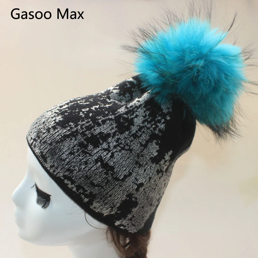 Шапка бини 2017 Женская Золотая и серебряная металлическая шапка с помпоном из