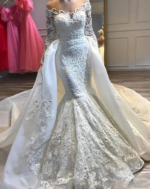 Новинка 2019 сексуальные свадебные платья Русалка Воротник Sheer Jewel кружевное с