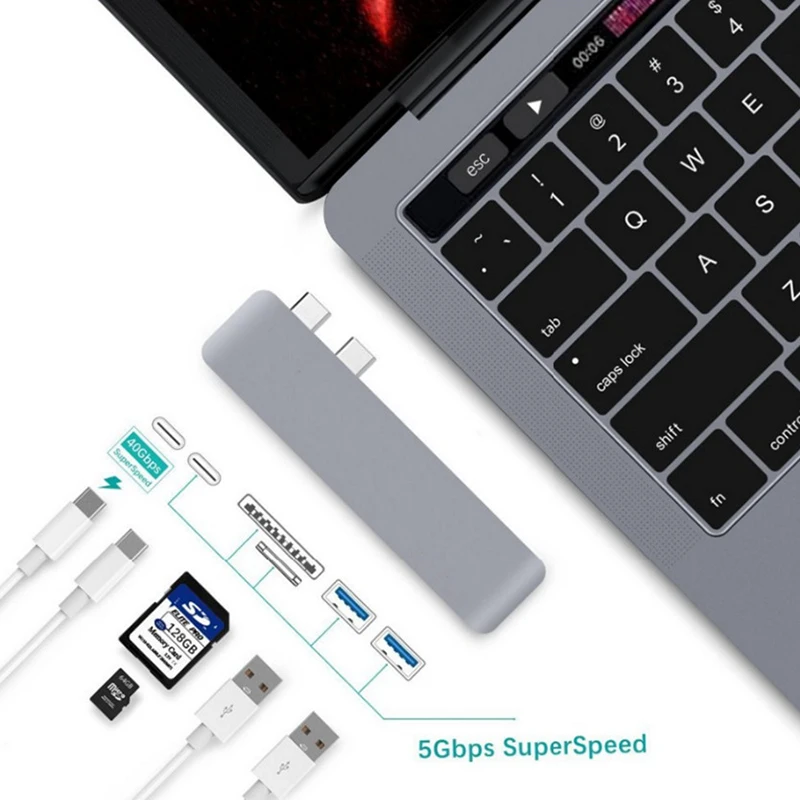 6 в 1 USB C концентратор type C концентратор TF Micro SD кардридер type-C до USB3.0 с USB-C зарядное устройство PD для MacBook Pro 1" 15"