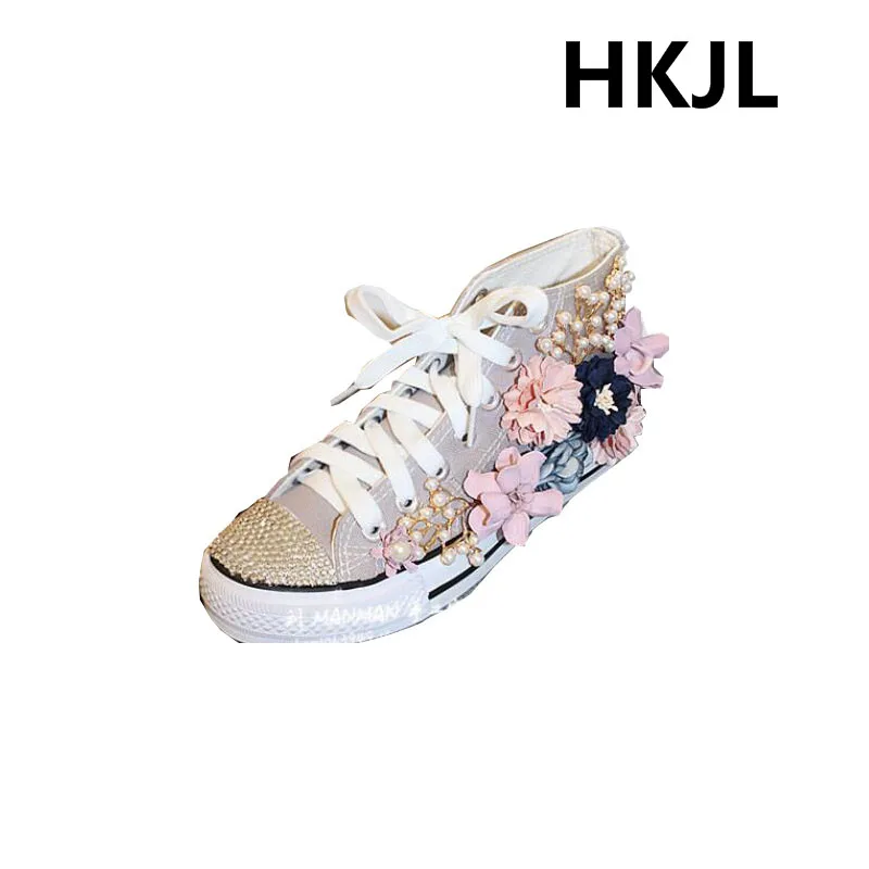 

HKJL 2019 fantasy seven color flowers pearl Austria water drill yarn with gray lace high shoes canvas shoes