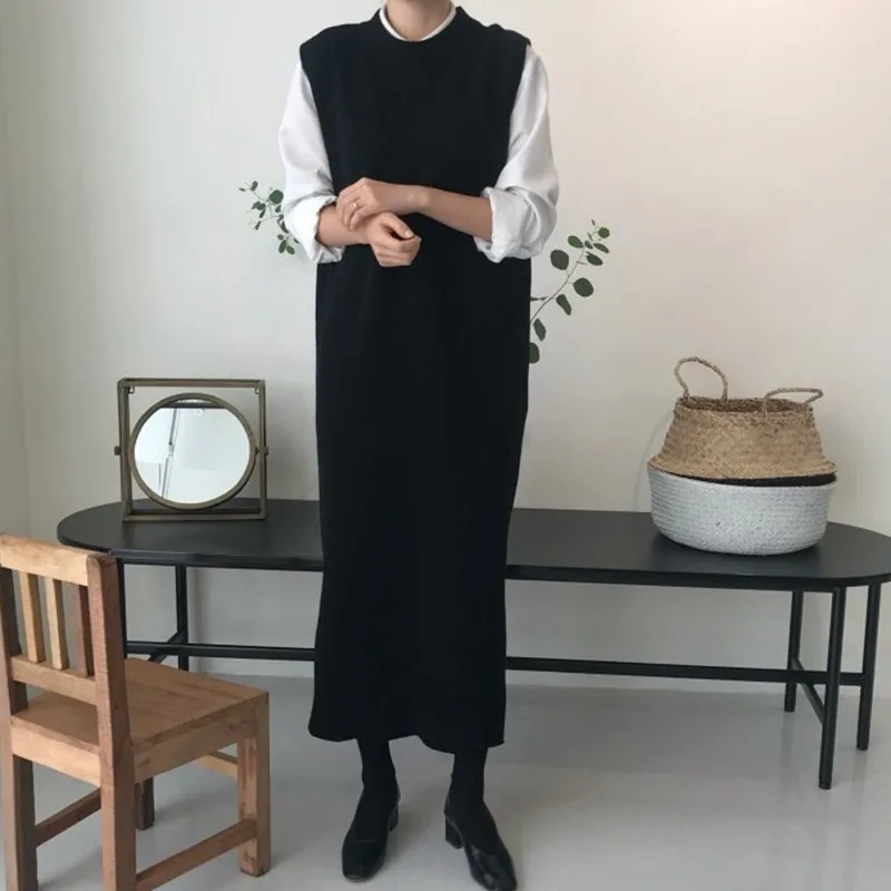 black dress TWOTWIN стильные вязаные платья для женщин, свободные, без рукавов, повседневные, модные, корейский стиль, женское платье, женская одежда, осень - Цвет: black dress
