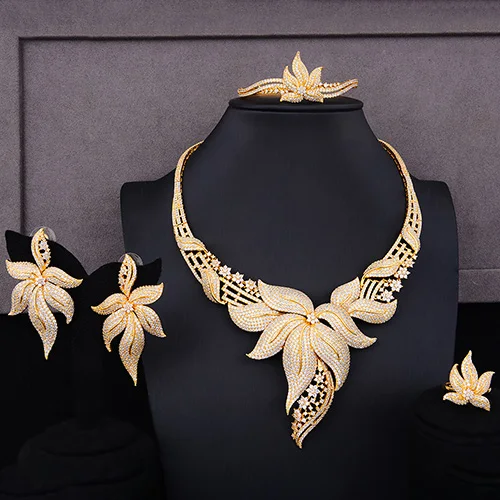 Gold GODKI Роскошные вечерние королевские листья 4 шт нигерийский набор украшений для женщин свадебный Циркон индийский Африканский Свадебный ювелирный набор - Окраска металла: Gold