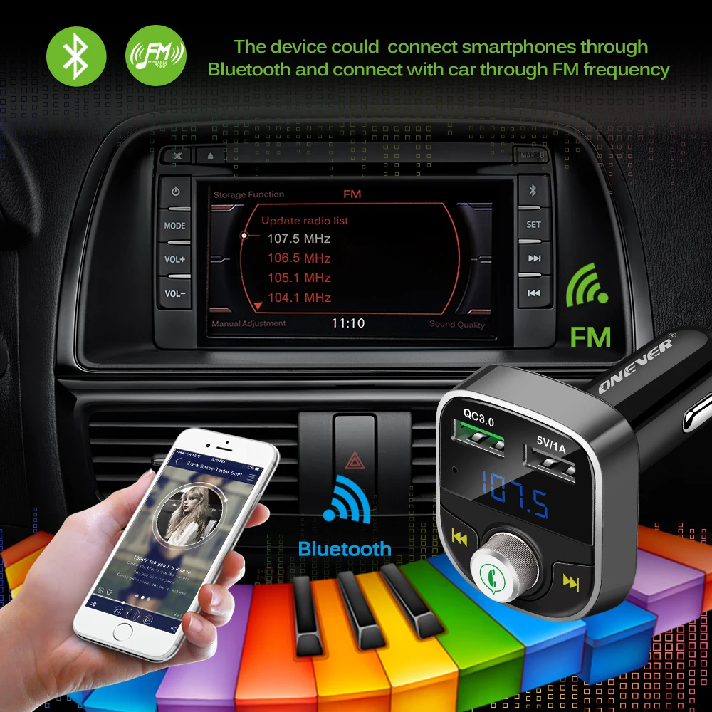 Автомобильное зарядное устройство ONEVER с Bluetooth FM трансмиттером Quick Charger 3 0 двумя USB