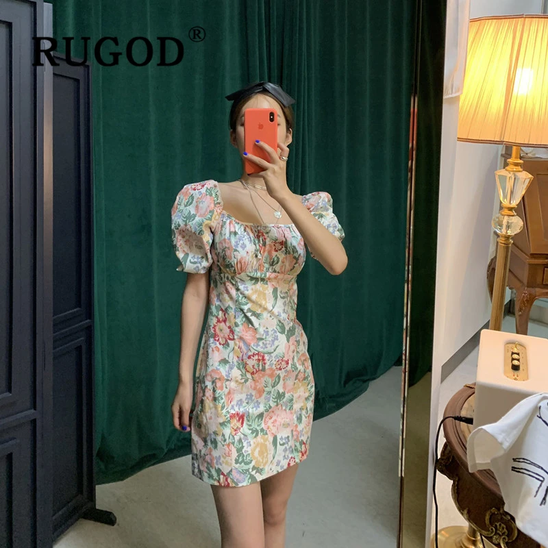 Женское платье RUGOD винтажное мини с цветочным принтом корейское шикарное офисное