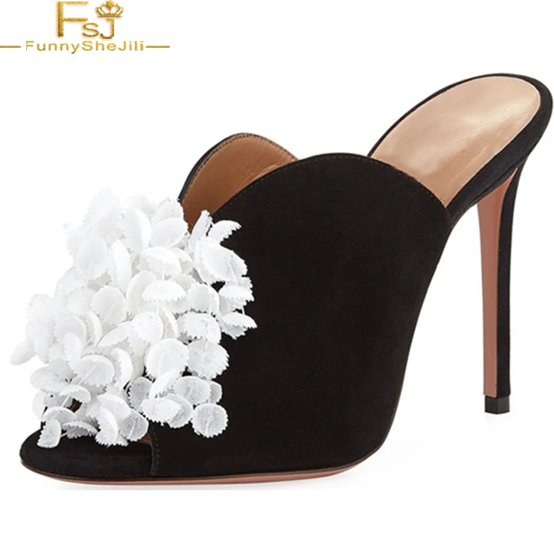 

Black Suede and White Flower Pencil High Heels Peep Toe Stiletto Heel Slippers Summer Party Date Noble Shoes Woman Size 16 FSJ