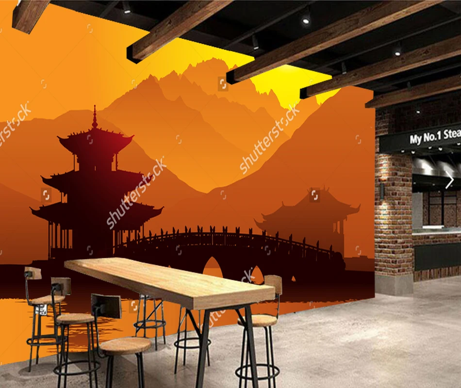 Обои с китайским пейзажем сочетающий в своем закат фото естественно росписи для