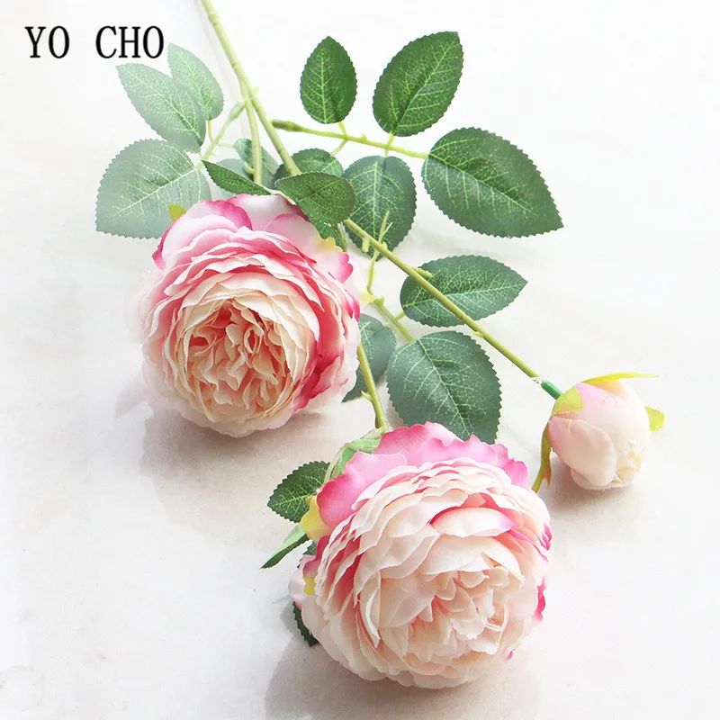 

YO CHO 3 Heads Peonies Artificial Flowers White Silk Flower Bouquet Wedding Garden Decoration Roses Artificial Peonies Red Pink