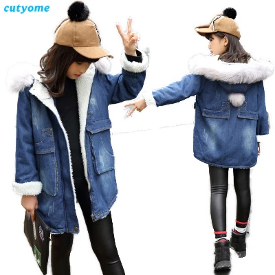 Blue Denim Coats Cutyome/детские джинсовые зимние куртки для девочек; коллекция года; утепленная верхняя одежда с капюшоном и длинными рукавами; пальто; теплая куртка и пальто для девочек-подростков - Цвет: Blue Denim Coats