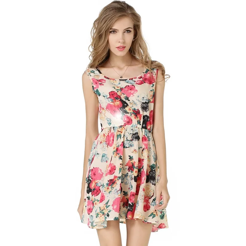 

summer chiffon dress 2019 women Sleeveless Floral party tank dresses off white
