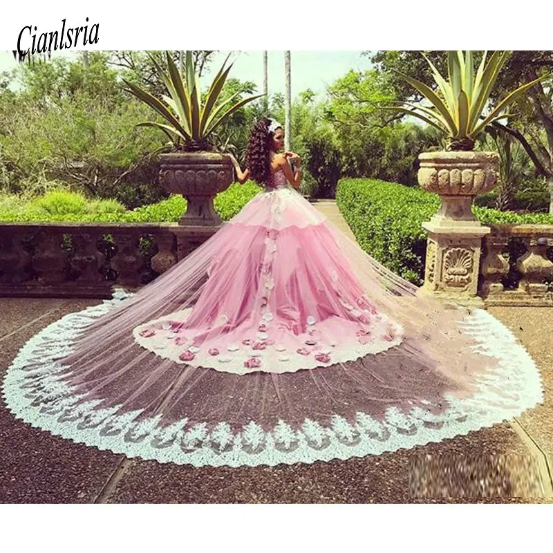 

Роскошное Розовое Бальное платье, платья для Quinceanera со съемным шлейфом, Кружевная аппликация, ручная работа, цветы, цветочное, официальное п...