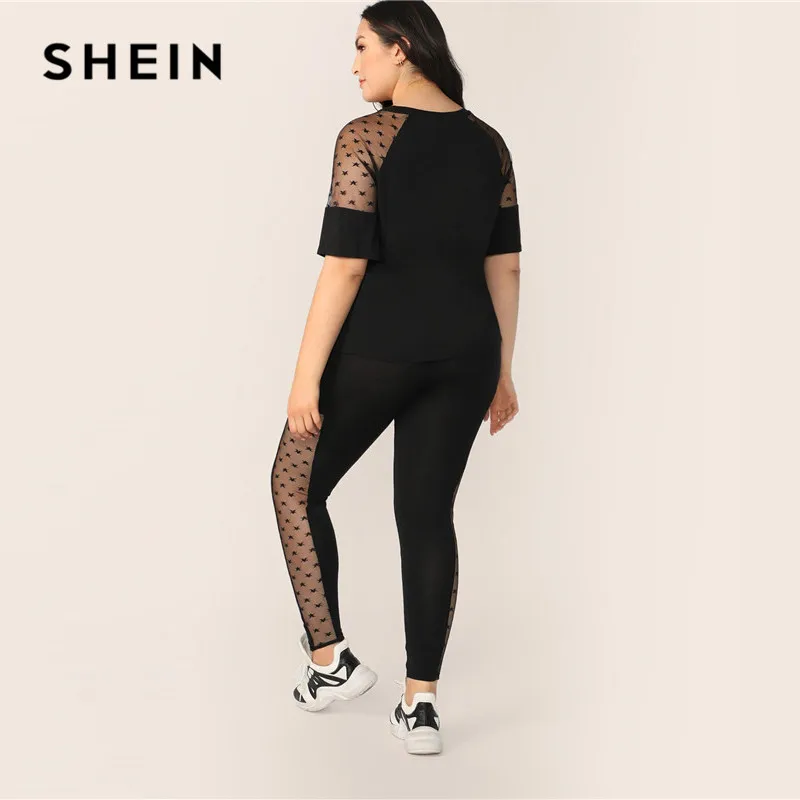 SHEIN, комплект из топа и леггинсов размера плюс, черная звезда, сетчатая вставка, рукав,, женский весенний комплект, полурукав реглан, эластичный, два предмета