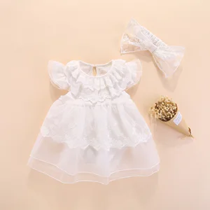 Летнее платье для новорожденных девочек + повязка на голову, Красное Кружевное платье принцессы с цветочным принтом, платье для дня рождения, детская одежда, детское платье