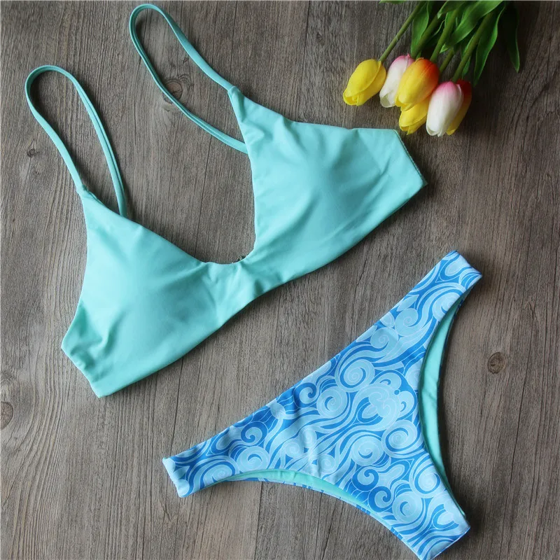 

Women Bandeau Bikini Reversible Print swimsuit Strappy swimwear print Swimsuits Brazilian Bikini set kuweka bikini