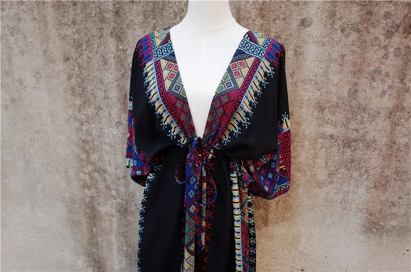 Bohemian Women Summer Beach Dress Swim Wear Cover Up Cotton Tunic Sexy Deep V-Neck Robe Caftan Bikini Cover-ups pareo#Q645