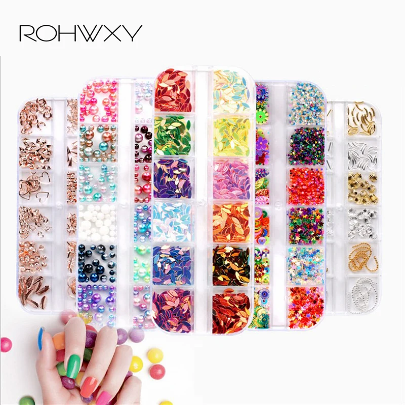 ROHWXY 12 решеток смешанный плоский с задней стороны Кристалл Стразы для ногтей камень шарик Маникюр 3D очаровательный камень DIY маникюр Дизайн ногтей Декорация
