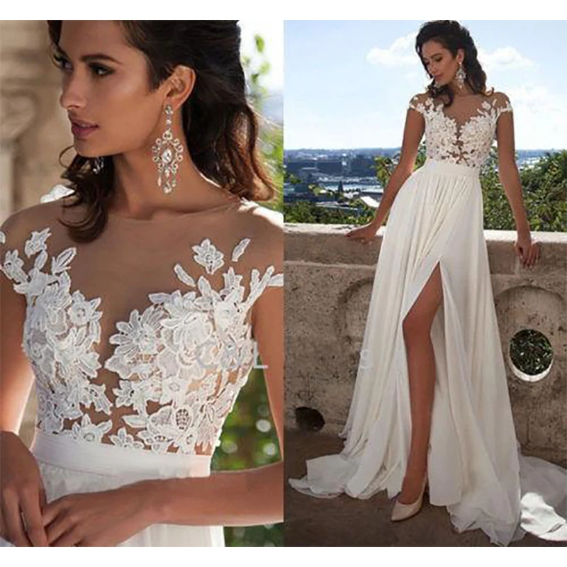 

Appliqued Illusion Bodice Country Wedding Dress with Slit Brush Train Chiffon Beach Bridal Dress Gown