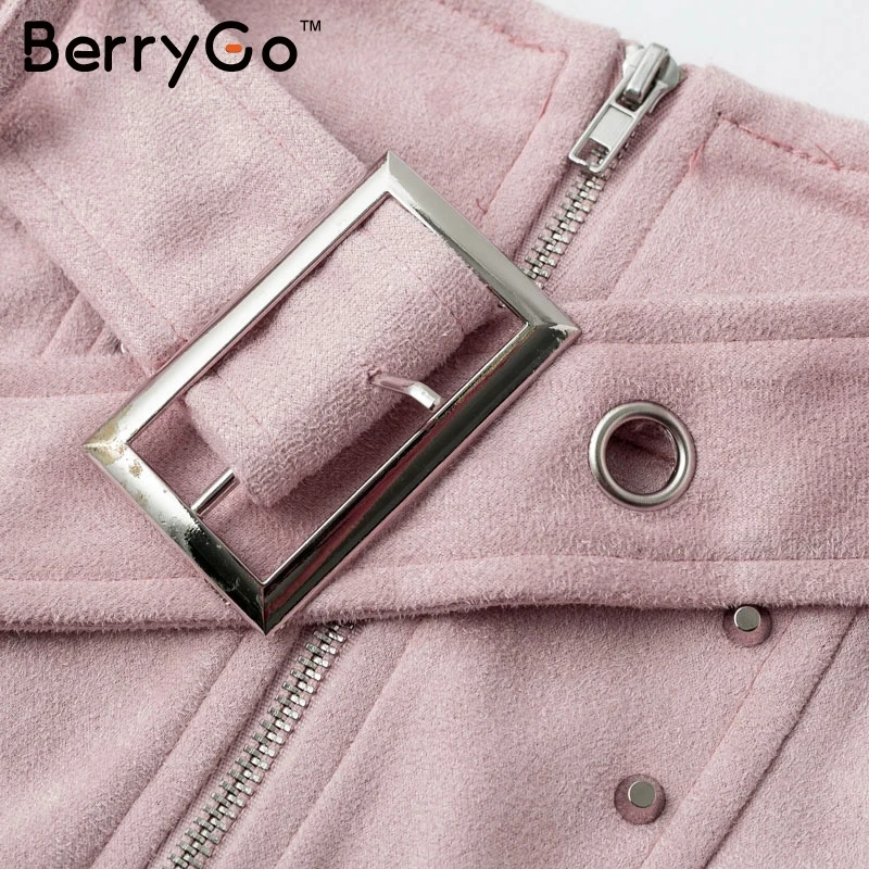 BerryGo модные замшевые мини юбки на молнии с заклепками женские розовые высокой